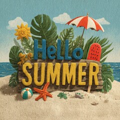 "Hello Summer" textured papercraft. Wooden sign, beach. Tropical leaves, sun, umbrella, popsicle, starfish, ball on sand. Ocean background. Summer holiday.