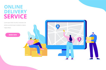 Flat illustration of people using online delivery service, pointing at a digital map and sitting on parcels. Ideal for logistics apps, courier websites, and ecommerce banners.
