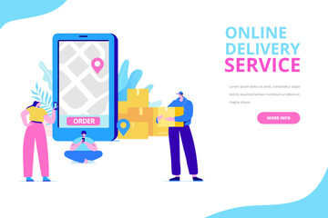 Illustration of online delivery with giant smartphone map, scooter courier and customers using app. Suitable for delivery promotions and ecommerce services.