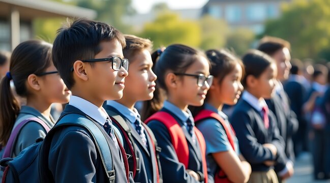 Diverse group of school children wearing uniforms and backpacks standing in a line outdoors
