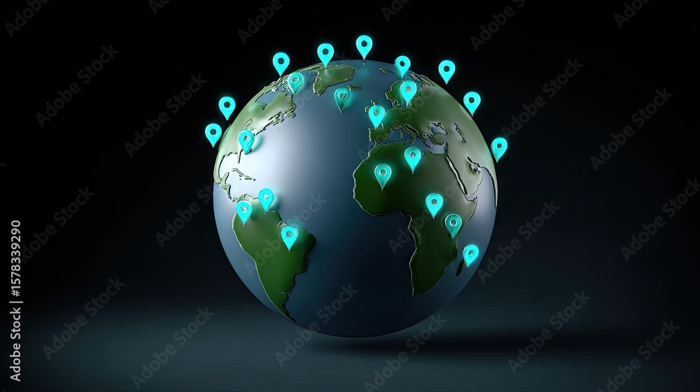 Poster global connection concept with digital location markers on 3d earth illustration for modern technolo