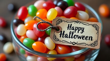 A glass bowl filled with colorful jelly beans and a festive happy halloween tag tied with twine