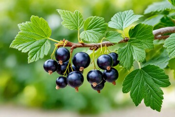 Blackcurrant berries growing on a branch with green leaves in a garden