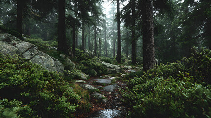 Obraz premium forest, nature, tree, trees, path, woods, green, landscape, road, spring, park, summer, wood, autumn, trail, woodland, plant, stream, footpath, water, wilderness, environment, moss, outdoors, leaf