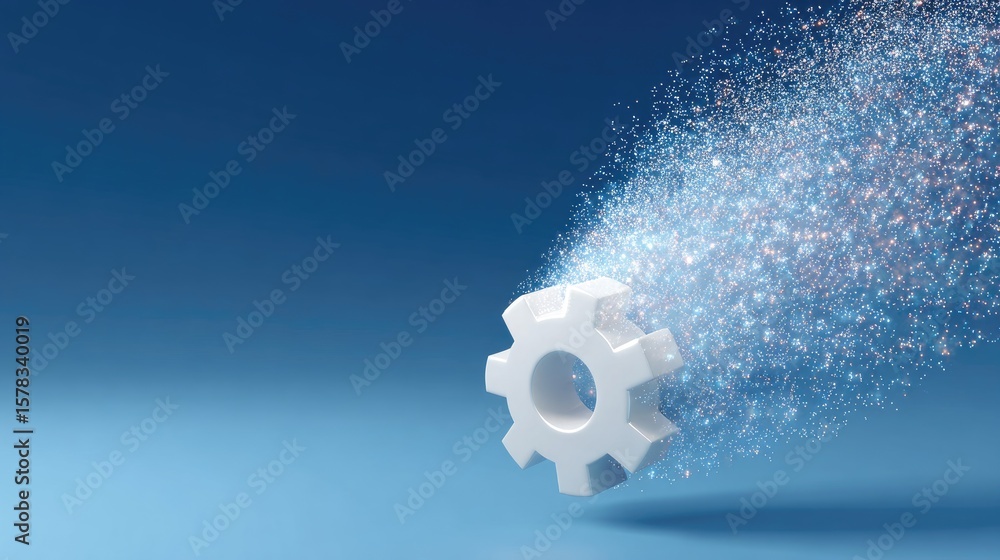 Poster dynamic representation of a gear in motion with colorful particles against a blue background