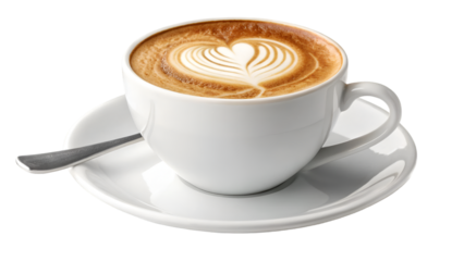 Enjoy a cup of coffee latte art with heart design for breakfast and a spoon on a white background cup  isolated on transparent background