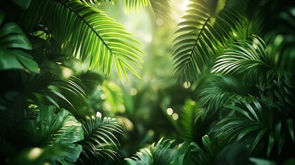 Lush foliage with soft sunlight filtering through vibrant green leaves creates an enchanting natural atmosphere.