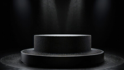 A minimalist dark platform illuminated by spotlights evokes mystery and exclusivity for a stage.
