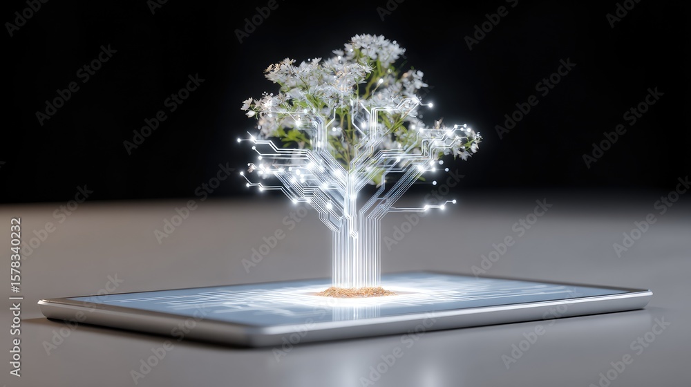 Poster futuristic tree growth emerging from tablet display representing technology and nature integration