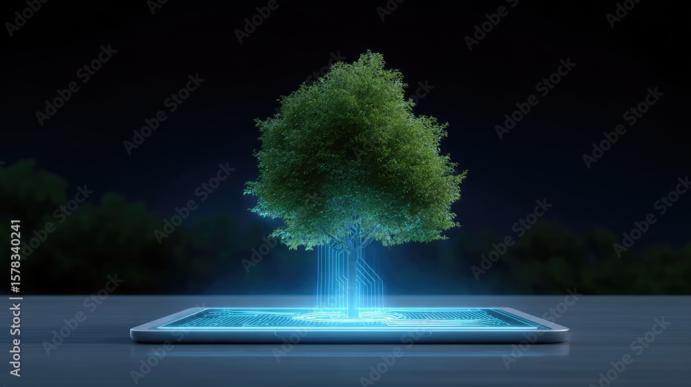 Poster digital tree growth concept with technology and nature integration on a tablet interface