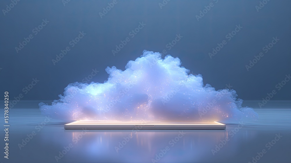 Poster dreamy cloud formation illuminated on a platform in a tranquil space for modern conceptual visuals