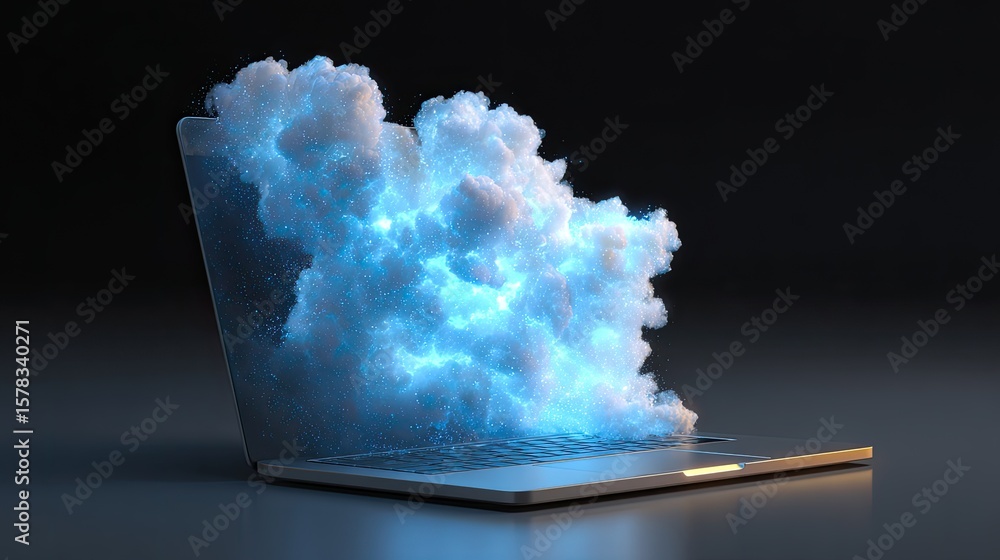 Poster digital cloud formation emanating from open laptop creating an ethereal and futuristic atmosphere
