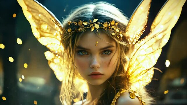 Fairy queen wearing golden crown and wings