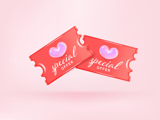 Red coupon with glowing crystal heart for Special discount offer. Red Tag label, banner with 3d rendering.
