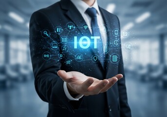 Businessman presents glowing IOT network of connected devices in his open palm