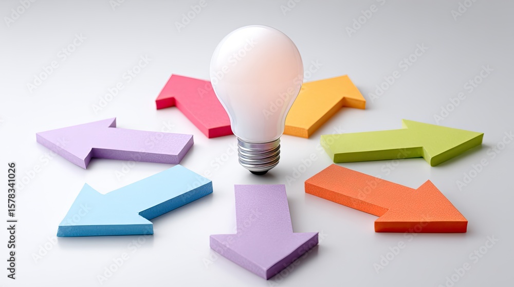 Poster colorful arrows surrounding light bulb symbolizing idea generation and creative thinking process in 