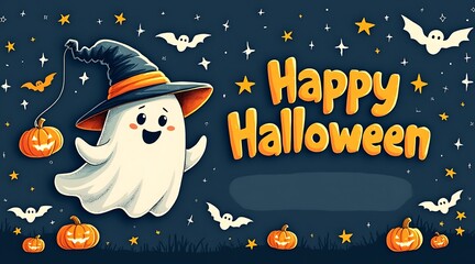 Cute cartoon ghost wearing a witch hat holding a pumpkin with happy halloween text and stars