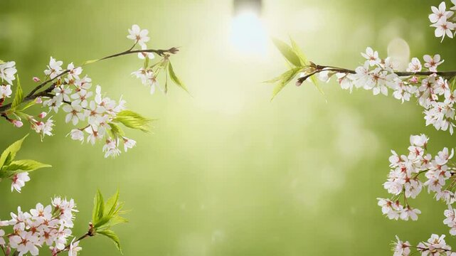 Blooming cherry tree branches framing green background with sunlight