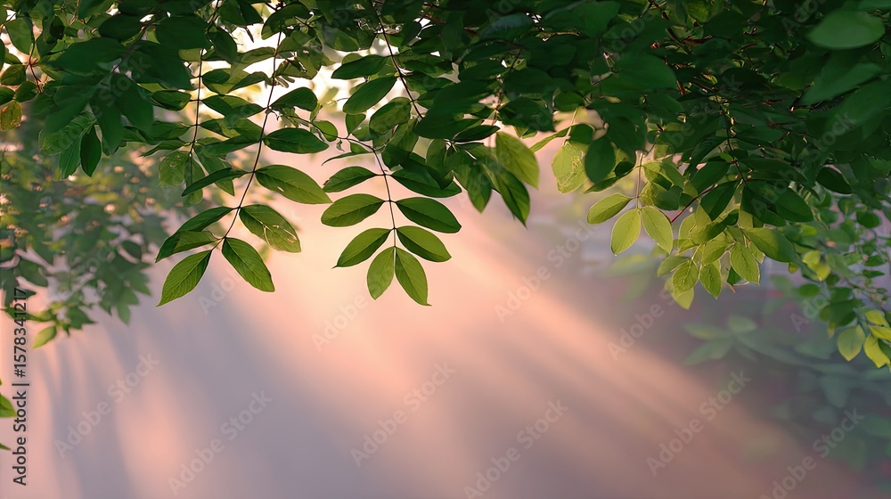 Poster soft sunlight filtering through green leaves creating a peaceful atmosphere in a natural setting