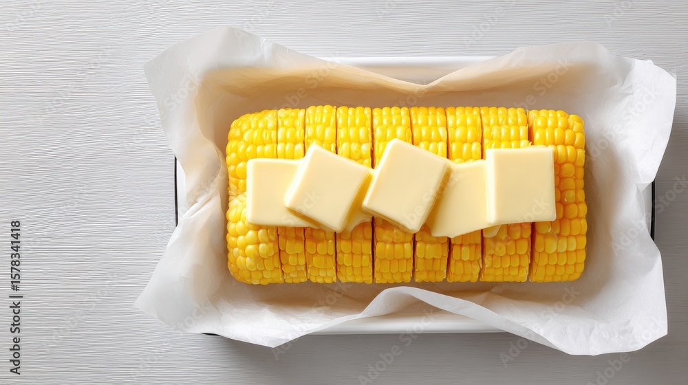 Poster Buttered Corn on Cob Slices Arranged Neatly on a Serving Tray with White Background
