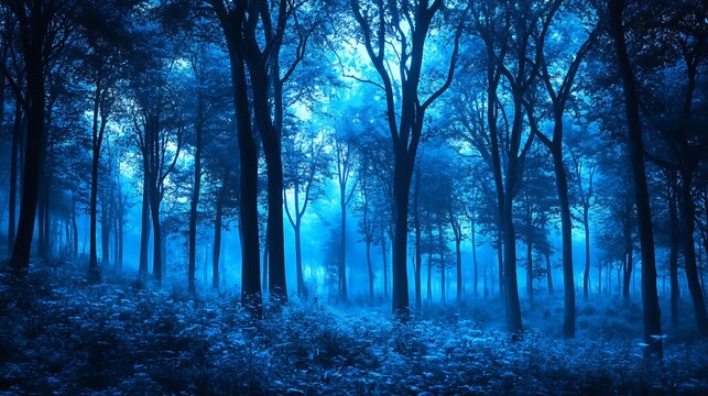 Mysterious blue forest at night