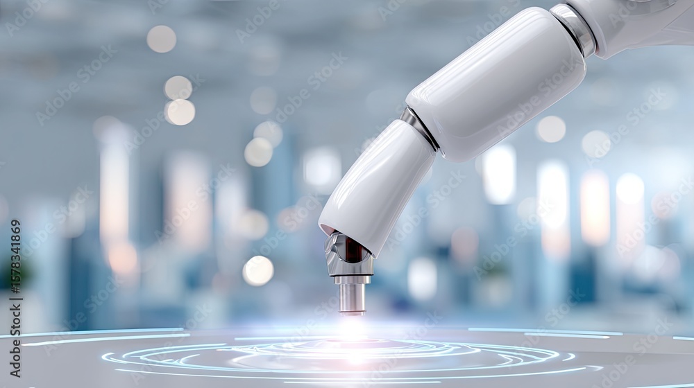 Poster advanced robotic arm engaging with futuristic technology in modern workspace
