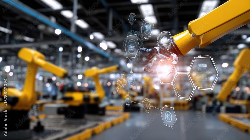 Poster robotic arm in advanced manufacturing facility with digital technology integration for automation an