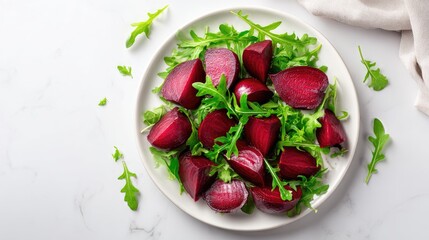 Freshly Sliced Beets and Arugula Salad Arrangement in White Plate on Marble Background