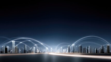 Obraz premium Modern Cityscape with Digital Connectivity Lines Illuminating Urban Landscape at Night