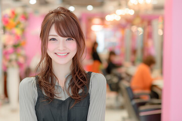 Smiling young woman hairdresser in modern beauty salon Interior