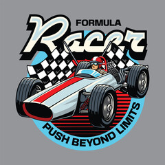 Vintage hyperspeed race car speeds forward with dual checkered flags and bold Push Beyond Limits slogan on gray background
