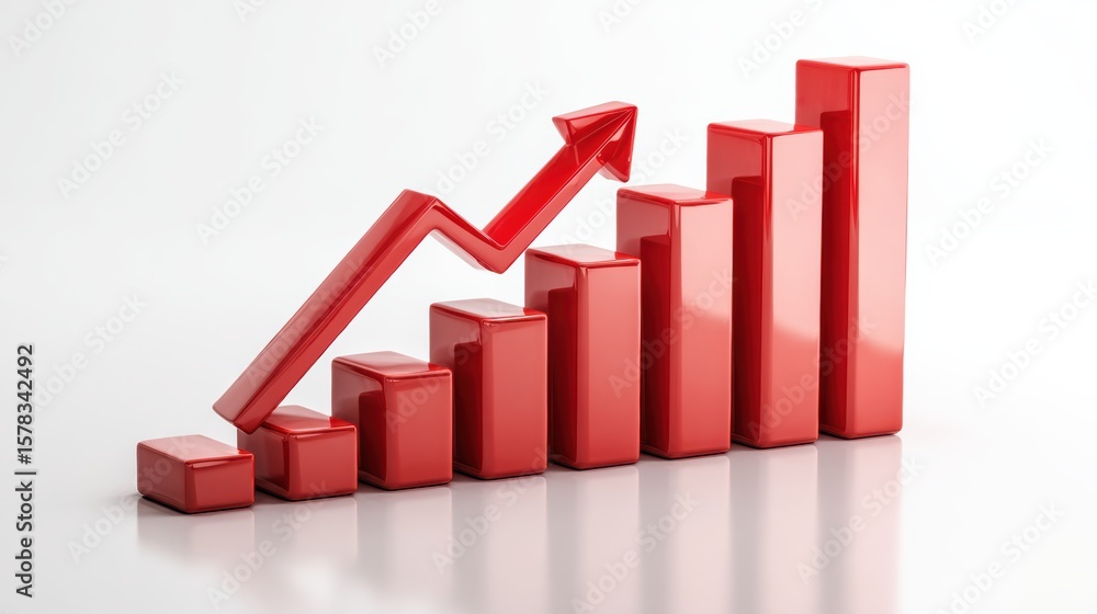 Poster a dynamic red bar graph showcasing upward growth and positive trends in business metrics and perform
