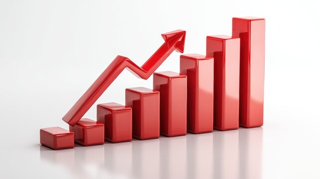 A dynamic red bar graph showcasing upward growth and positive trends in business metrics and performance.