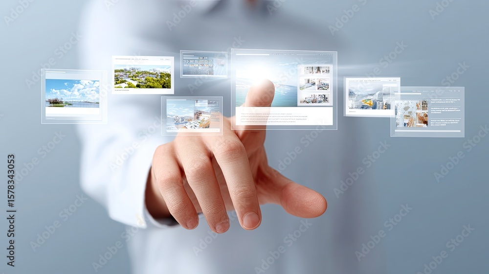 Poster person interacting with digital interface displaying photographs and information in futuristic space