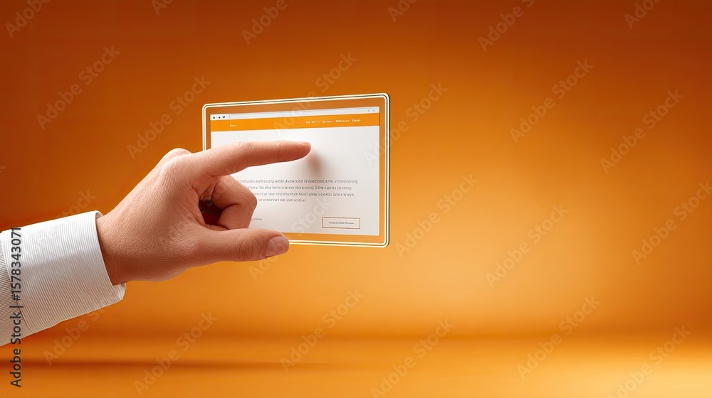 Poster hand touching digital interface on orange background representing modern technology and innovation i