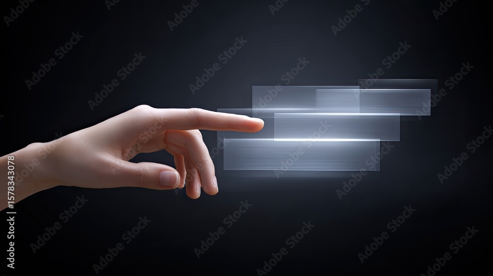 Poster futuristic touch interface concept with hand pointing at transparent screens in dark environment