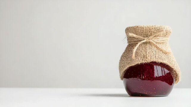 A glass jar filled with red jam, covered with a burlap cloth and twine, placed on a white surface with a plain light background, rustic food concept