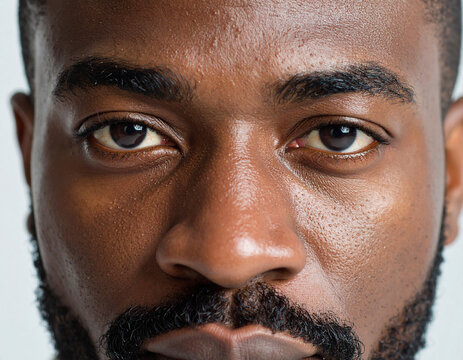 A very close-up, eye-level shot of a man's face, focusing on his intense brown eyes, nose, and part of his beard. The lighting highlights his skin texture and serious expression.