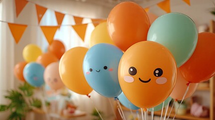 Colorful balloons with smiling faces, a joyful birthday celebration, perfect for party decoration, kids' events, and creating a festive atmosphere.