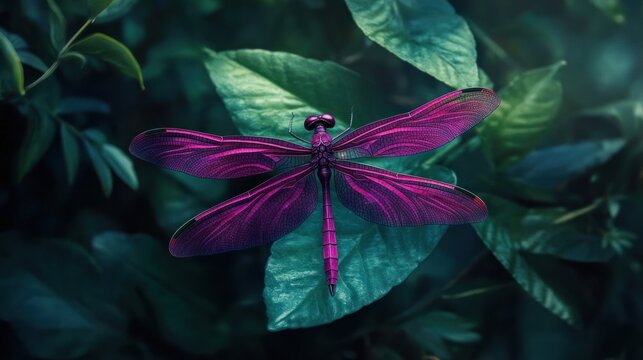 Vibrant purple dragonfly amidst lush foliage