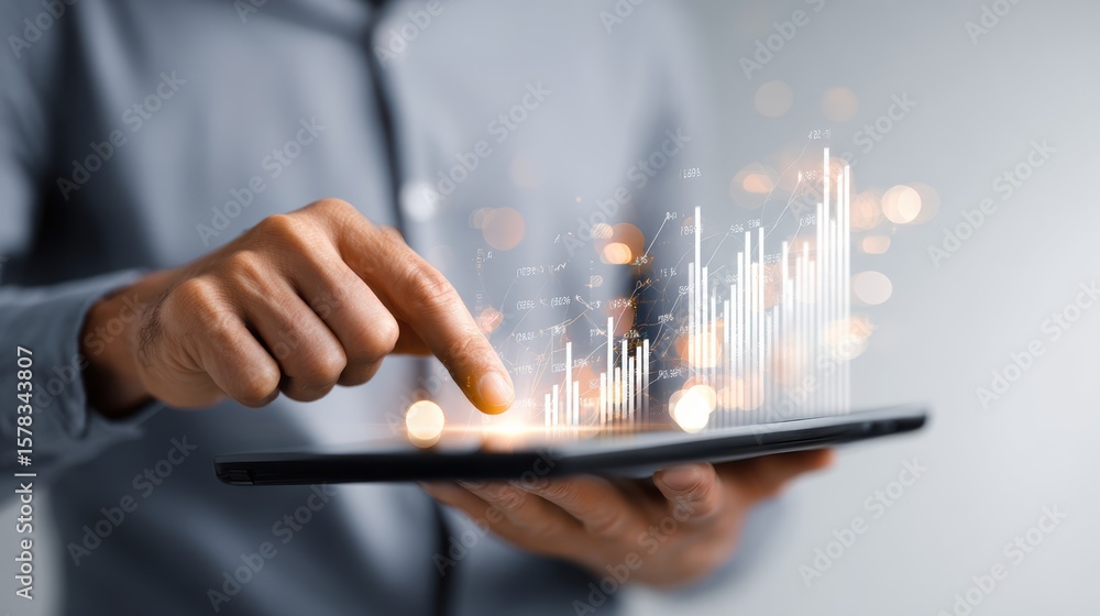 Poster businessman analyzing financial data on a tablet with dynamic charts and graphs illustrating growth.