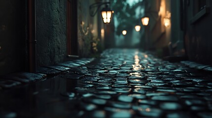 Mysterious cobblestone alley at night