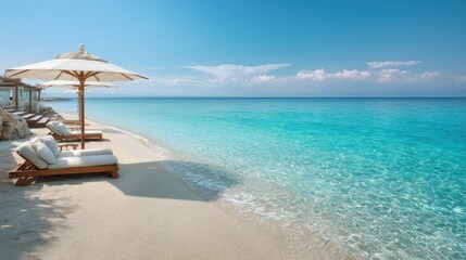 Fototapeta premium Relaxing beach day with sun loungers crystal clear water tropical paradise serene atmosphere aerial perspective