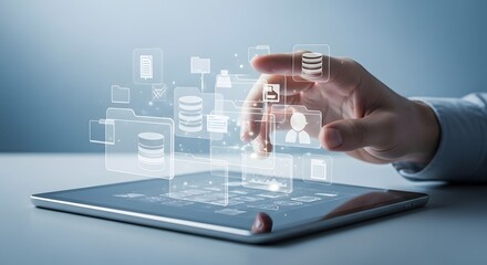 Managing data on a tablet with digital icons representing technology, information, and a data center using modern solutions.