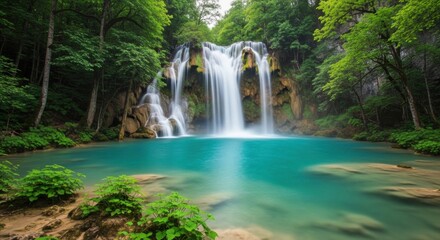 Serene Blue Lagoon Waterfall in Lush Green Forest