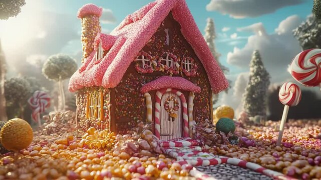 Gingerbread house surrounded by lollipops and candy in a fantasy world