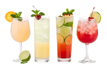 Summer cocktails in varied flavors isolated on transparent background