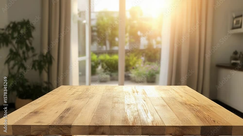 Poster empty wooden table illuminating by sunlight from window in blurred background
