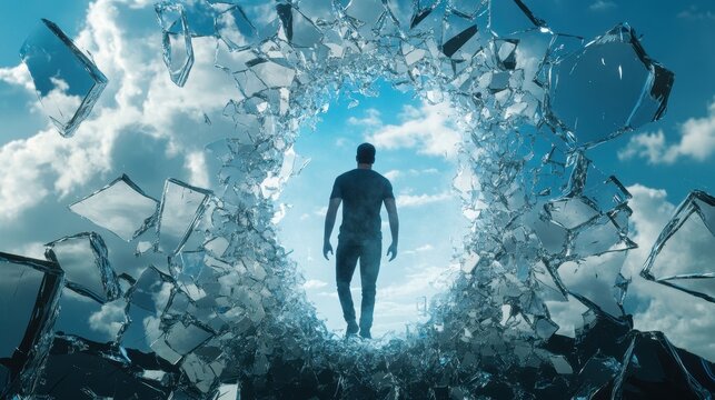 man emerging from a shattered mirror reflecting infinite space
