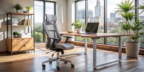 A single executive chair at a modern desk in a bright office